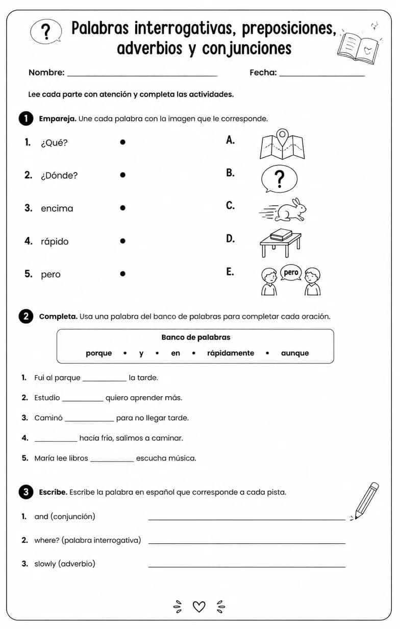 Reconocer palabras, frases u oraciones en español relacionadas con conjunciones. — free printable Middle School Spanish worksheet
