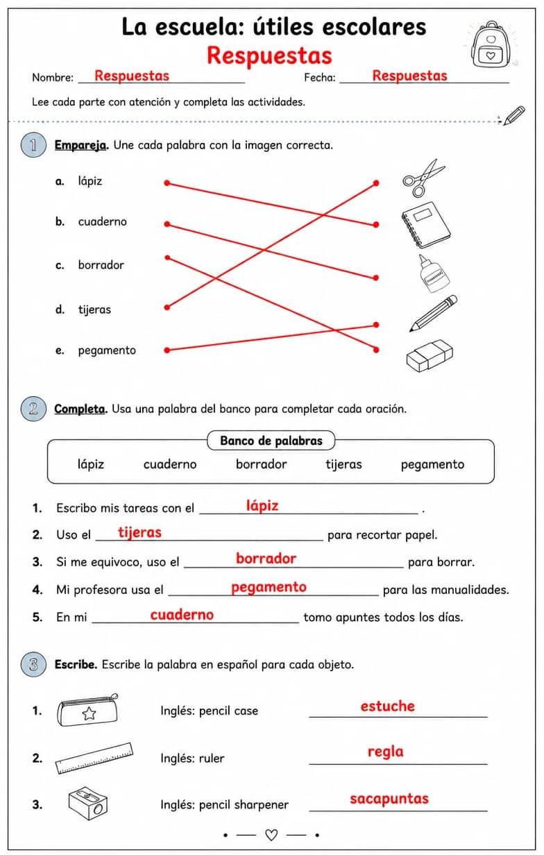 Answer key for Reconocer palabras, frases u oraciones en español relacionadas con útiles escolares. — free printable Spanish worksheet