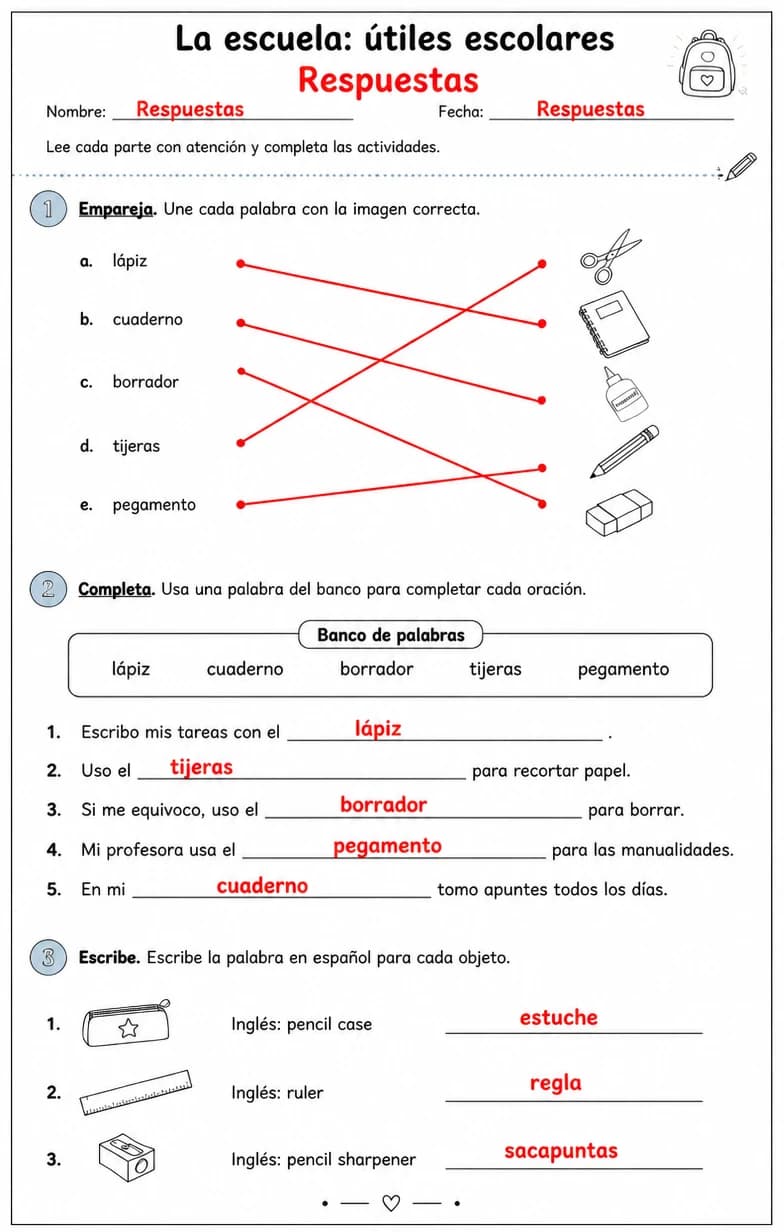 Answer key for Reconocer palabras, frases u oraciones en español relacionadas con útiles escolares. — free printable Spanish worksheet