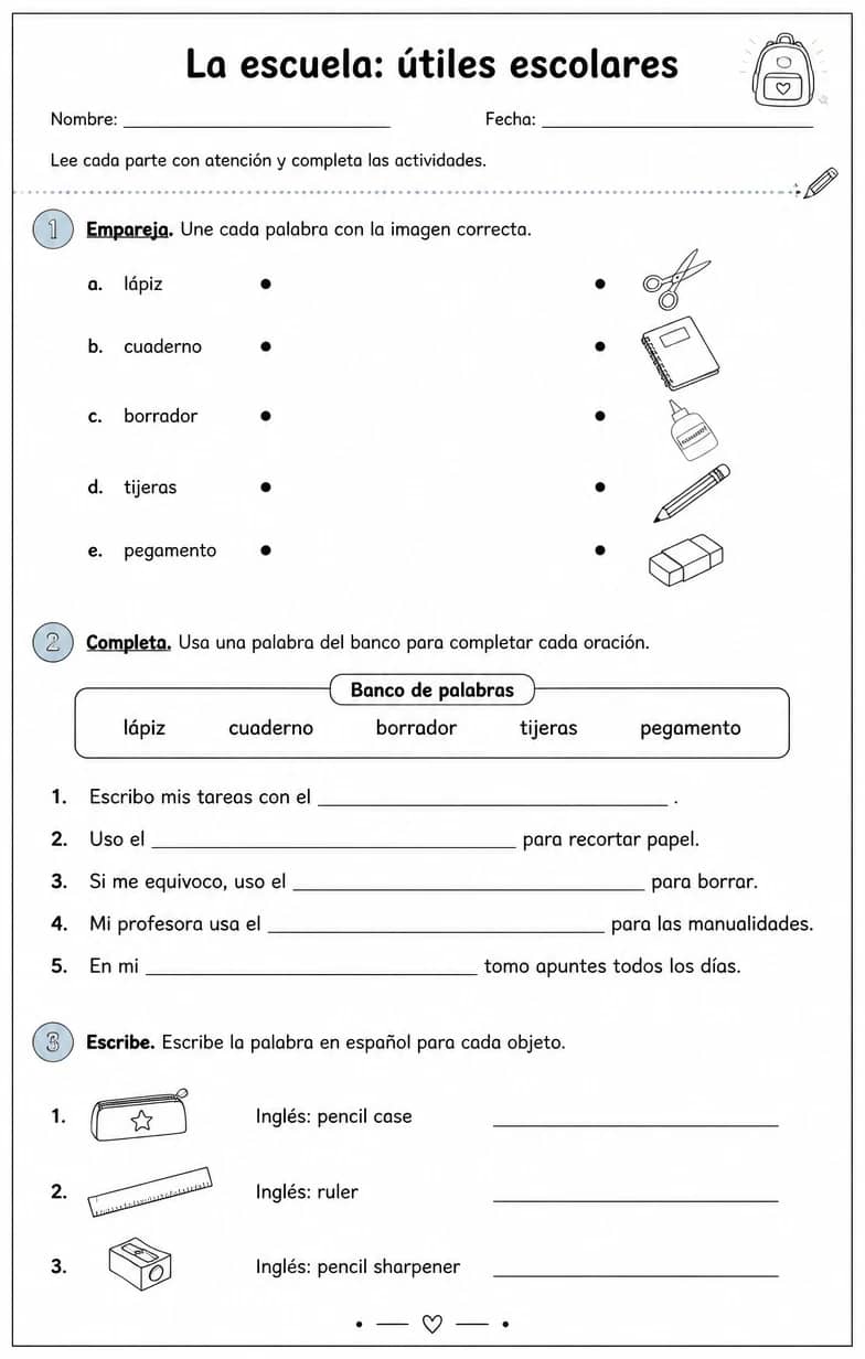 Reconocer palabras, frases u oraciones en español relacionadas con útiles escolares. — free printable Middle School Spanish worksheet