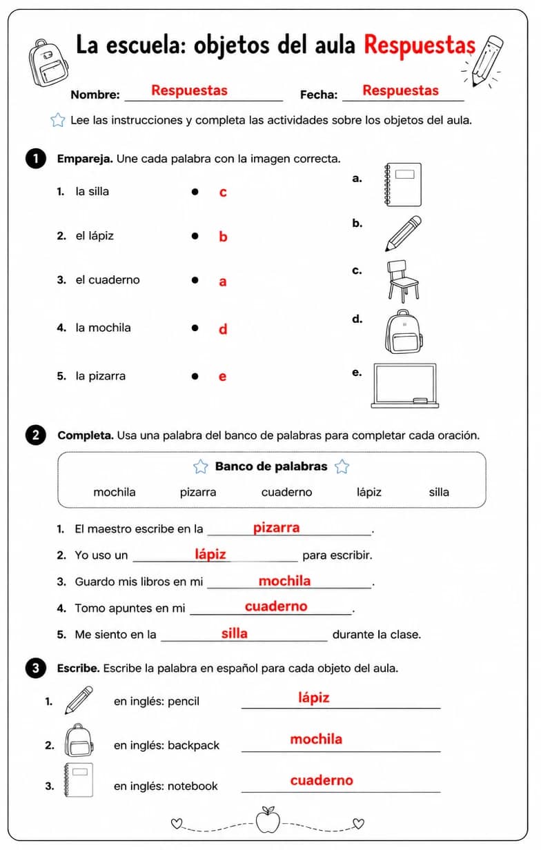 Answer key for Reconocer palabras, frases u oraciones en español relacionadas con objetos del aula. — free printable Spanish worksheet