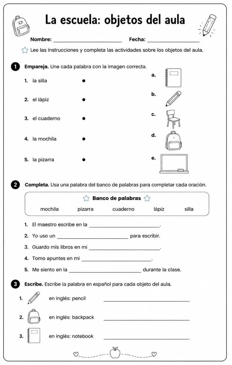 Reconocer palabras, frases u oraciones en español relacionadas con objetos del aula. — free printable Middle School Spanish worksheet