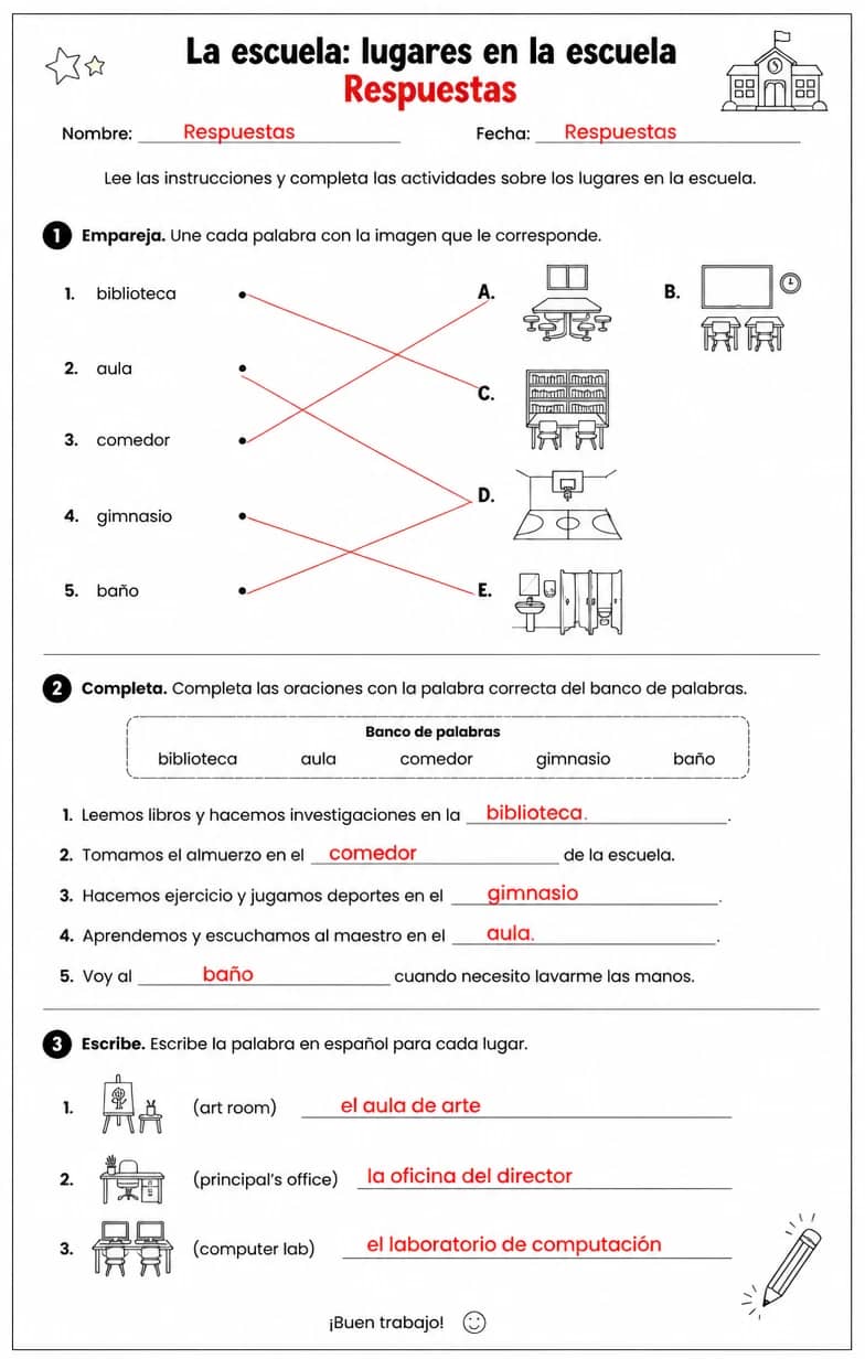 Answer key for Reconocer palabras, frases u oraciones en español relacionadas con lugares en la escuela. — free printable Spanish worksheet