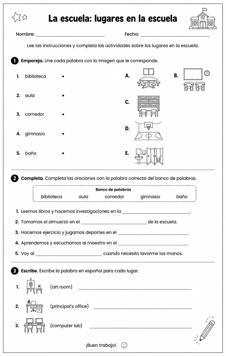 Reconocer palabras, frases u oraciones en español relacionadas con lugares en la escuela. — free printable Middle School Spanish worksheet
