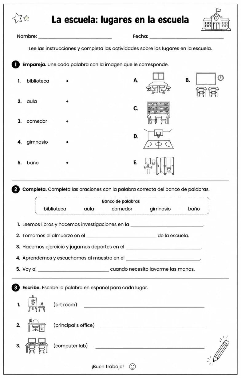 Reconocer palabras, frases u oraciones en español relacionadas con lugares en la escuela. — free printable Middle School Spanish worksheet