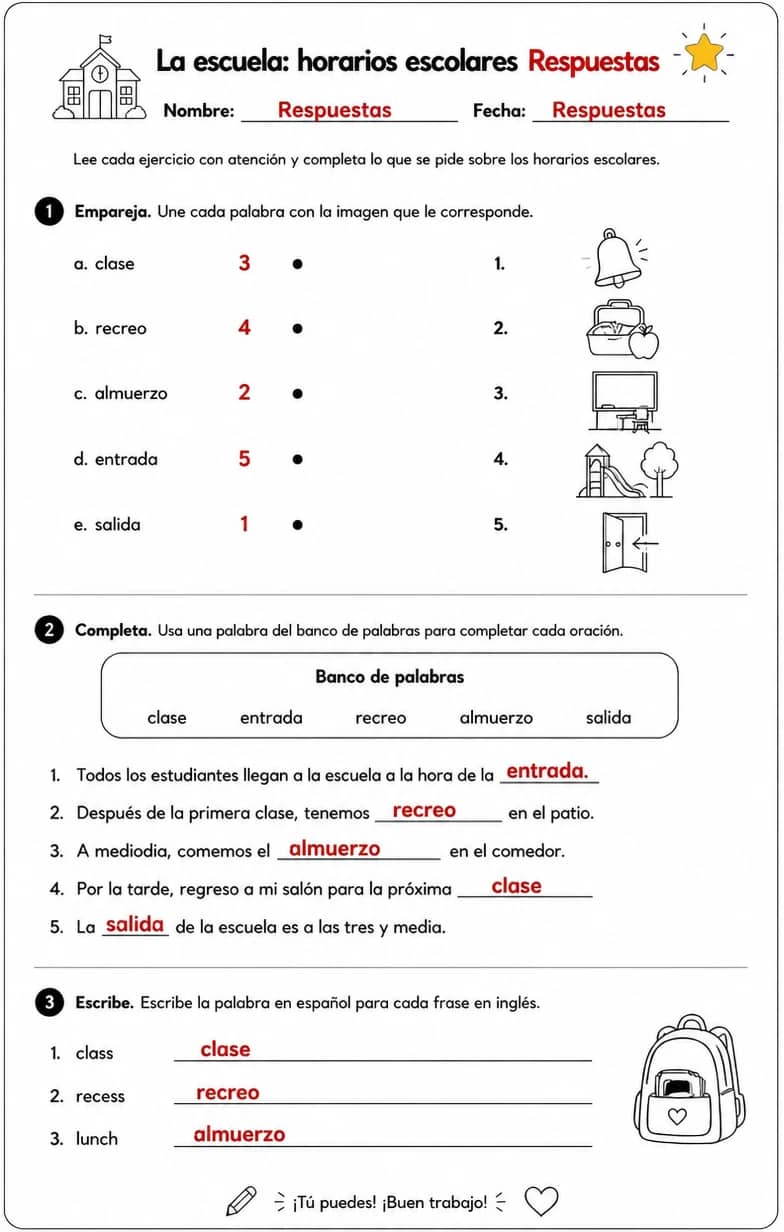 Answer key for Reconocer palabras, frases u oraciones en español relacionadas con horarios escolares. — free printable Spanish worksheet