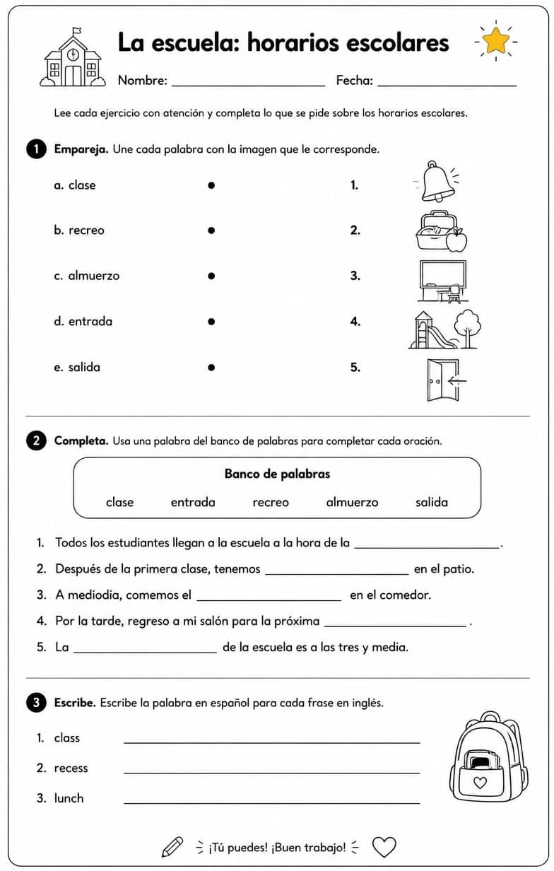Reconocer palabras, frases u oraciones en español relacionadas con horarios escolares. — free printable Middle School Spanish worksheet