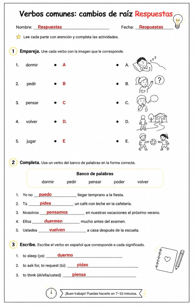 Answer key for Reconocer palabras, frases u oraciones en español relacionadas con verbos de cambio de raíz. — free printable Spanish worksheet