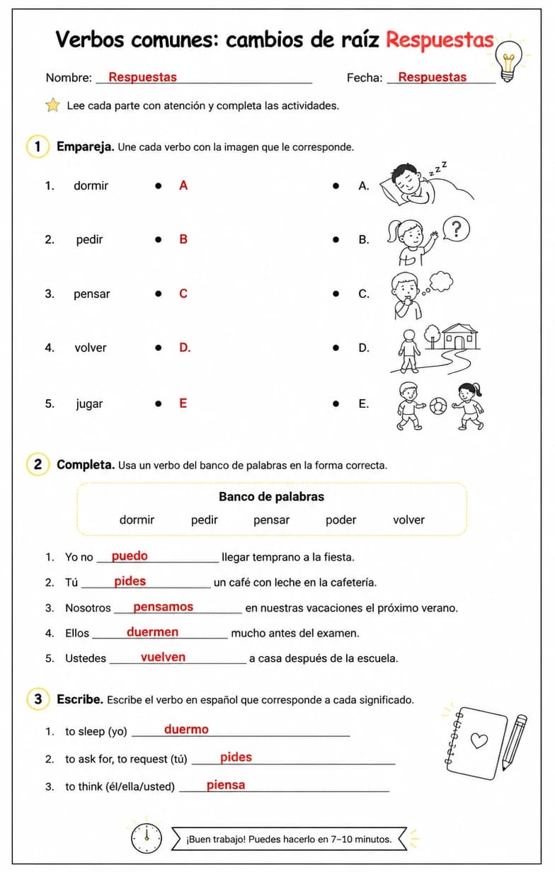 Answer key for Reconocer palabras, frases u oraciones en español relacionadas con verbos de cambio de raíz. — free printable Spanish worksheet