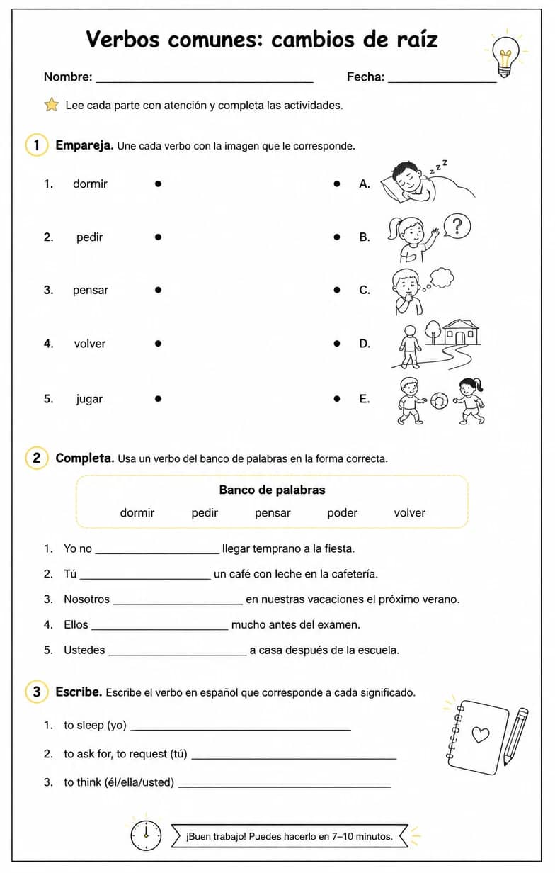 Reconocer palabras, frases u oraciones en español relacionadas con verbos de cambio de raíz. — free printable Middle School Spanish worksheet