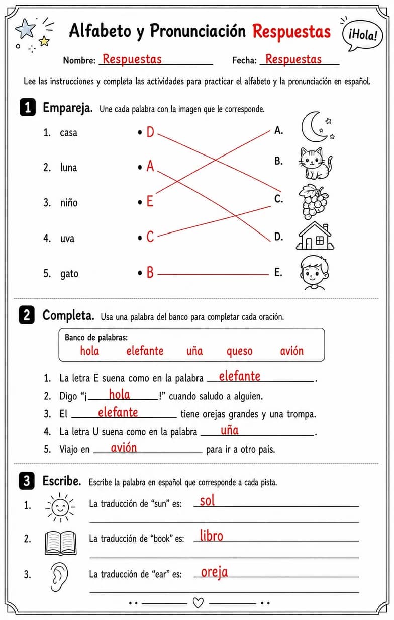 Answer key for Reconocer y producir nombres de letras, sonidos y patrones de pronunciación comunes en español. — free printable Spanish worksheet
