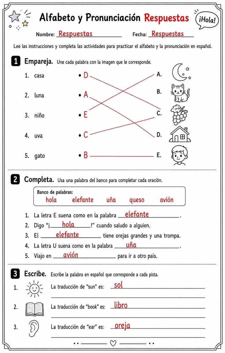 Answer key for Reconocer y producir nombres de letras, sonidos y patrones de pronunciación comunes en español. — free printable Spanish worksheet