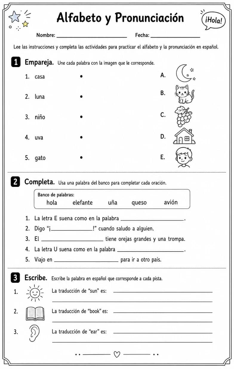 Reconocer y producir nombres de letras, sonidos y patrones de pronunciación comunes en español. — free printable Middle School Spanish worksheet