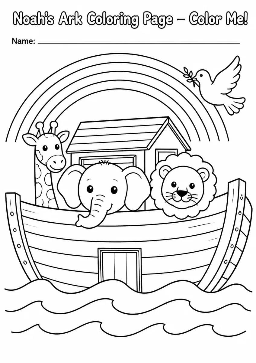 Noah's Ark with animals and rainbow coloring page
