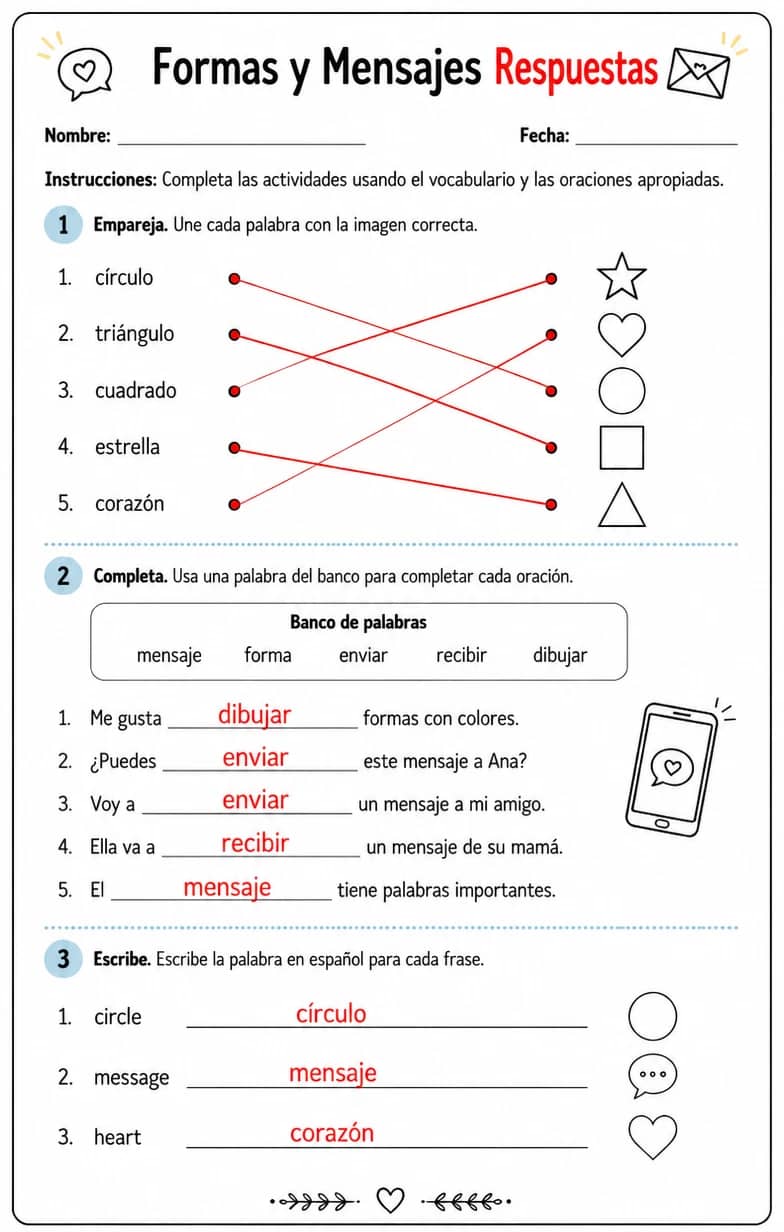 Answer key for Responder a preguntas con vocabulario y estructura de oraciones apropiados. — free printable Spanish worksheet