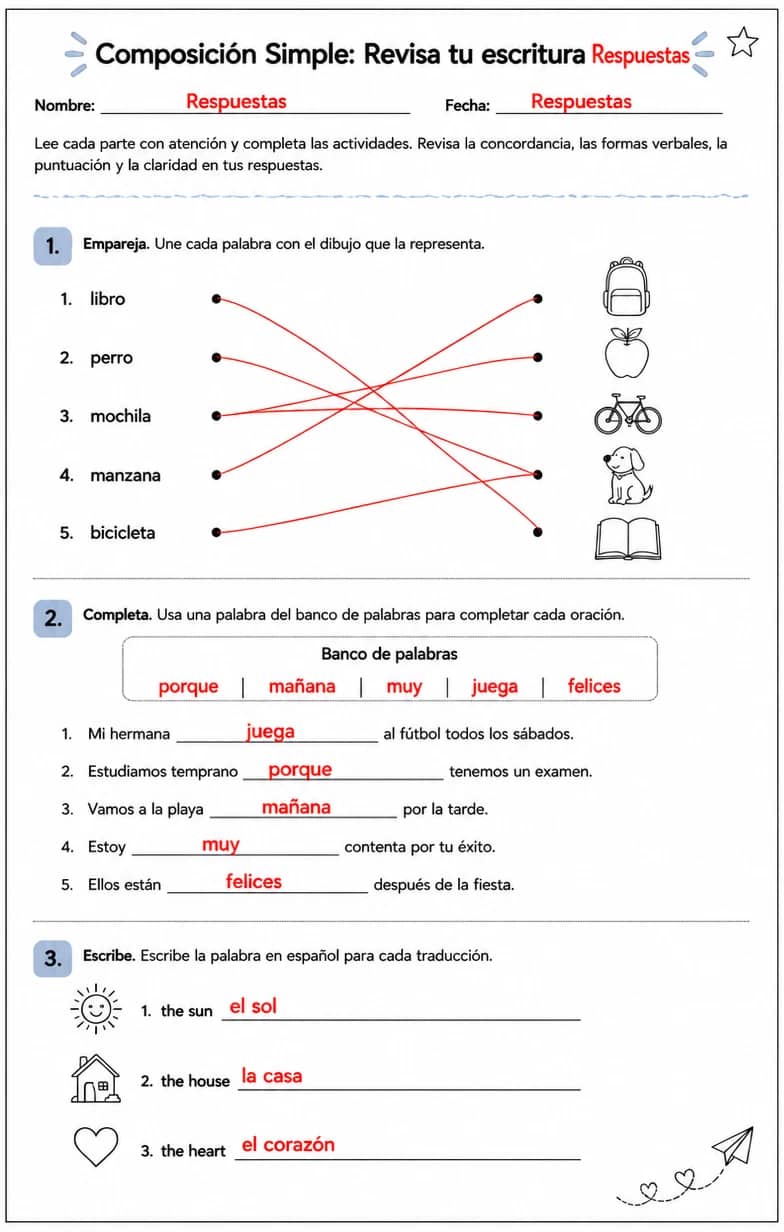 Answer key for Revisar la escritura en español para la concordancia, formas verbales, puntuación y claridad. — free printable Spanish worksheet