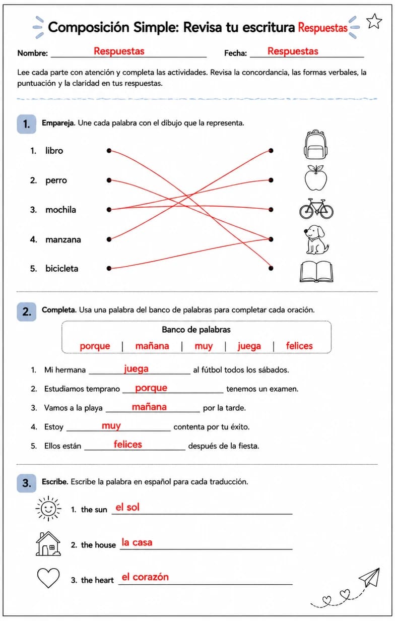 Answer key for Revisar la escritura en español para la concordancia, formas verbales, puntuación y claridad. — free printable Spanish worksheet