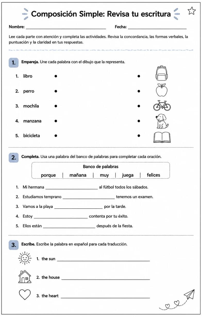 Revisar la escritura en español para la concordancia, formas verbales, puntuación y claridad. — free printable High School Spanish worksheet