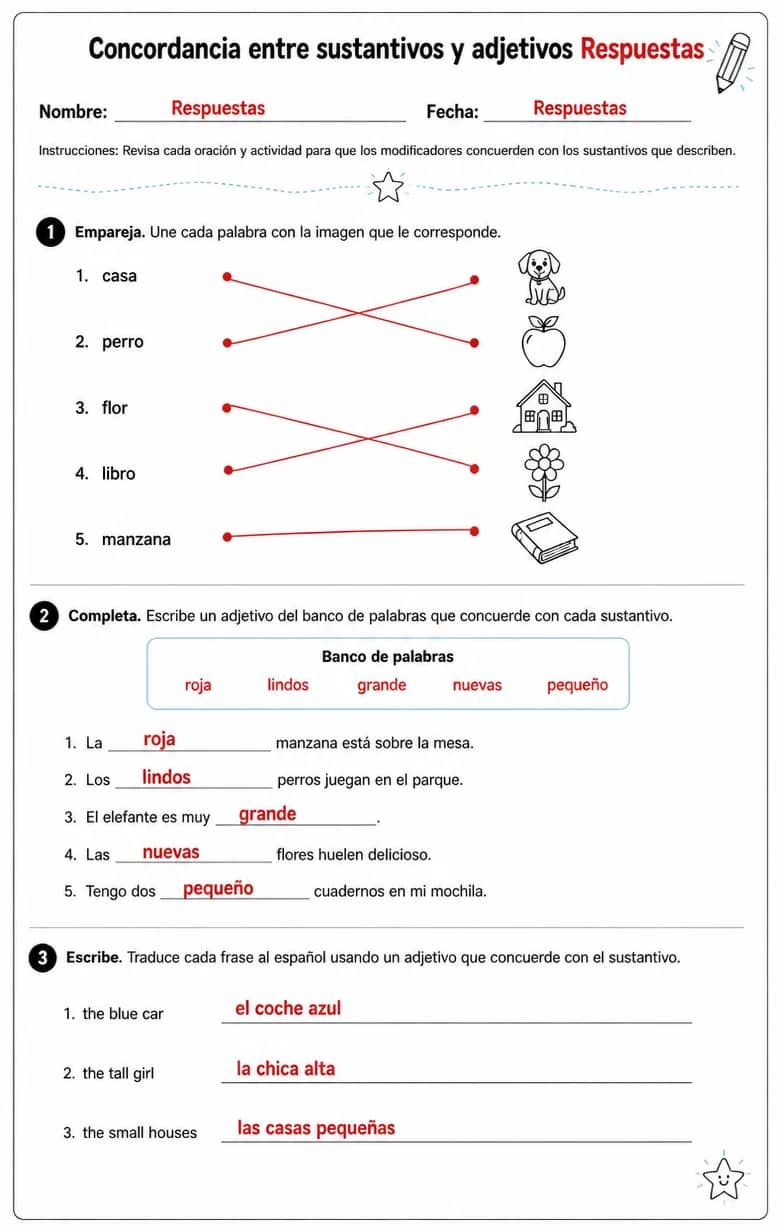 Answer key for Revisar oraciones simples para que los modificadores concuerden con los sustantivos que describen. — free printable Spanish worksheet