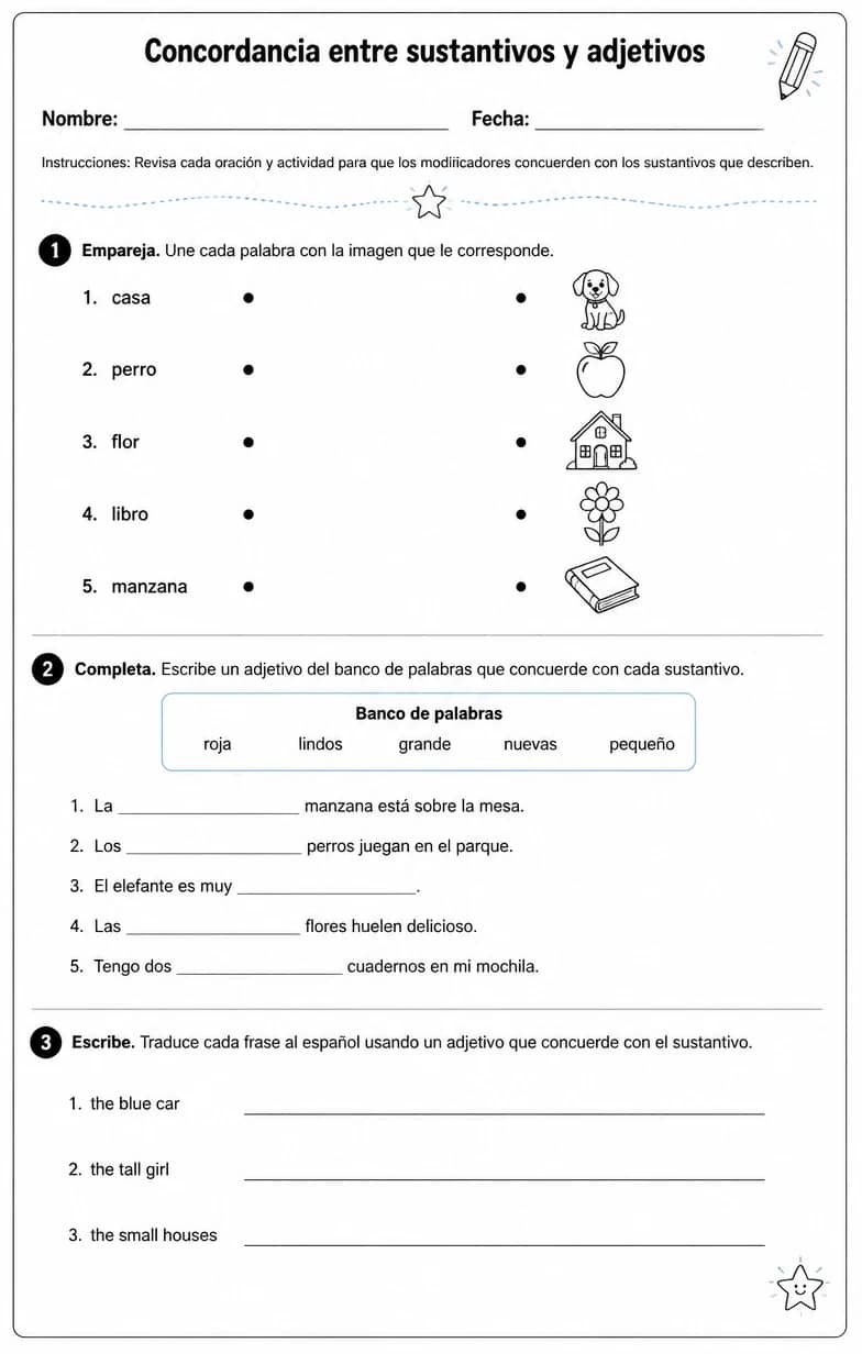 Revisar oraciones simples para que los modificadores concuerden con los sustantivos que describen. — free printable Middle School Spanish worksheet