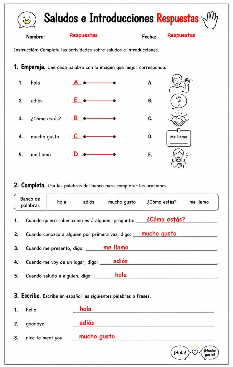 Answer key for Saludar a las personas, despedirse, presentarse y preguntar cómo está alguien. — free printable Spanish worksheet