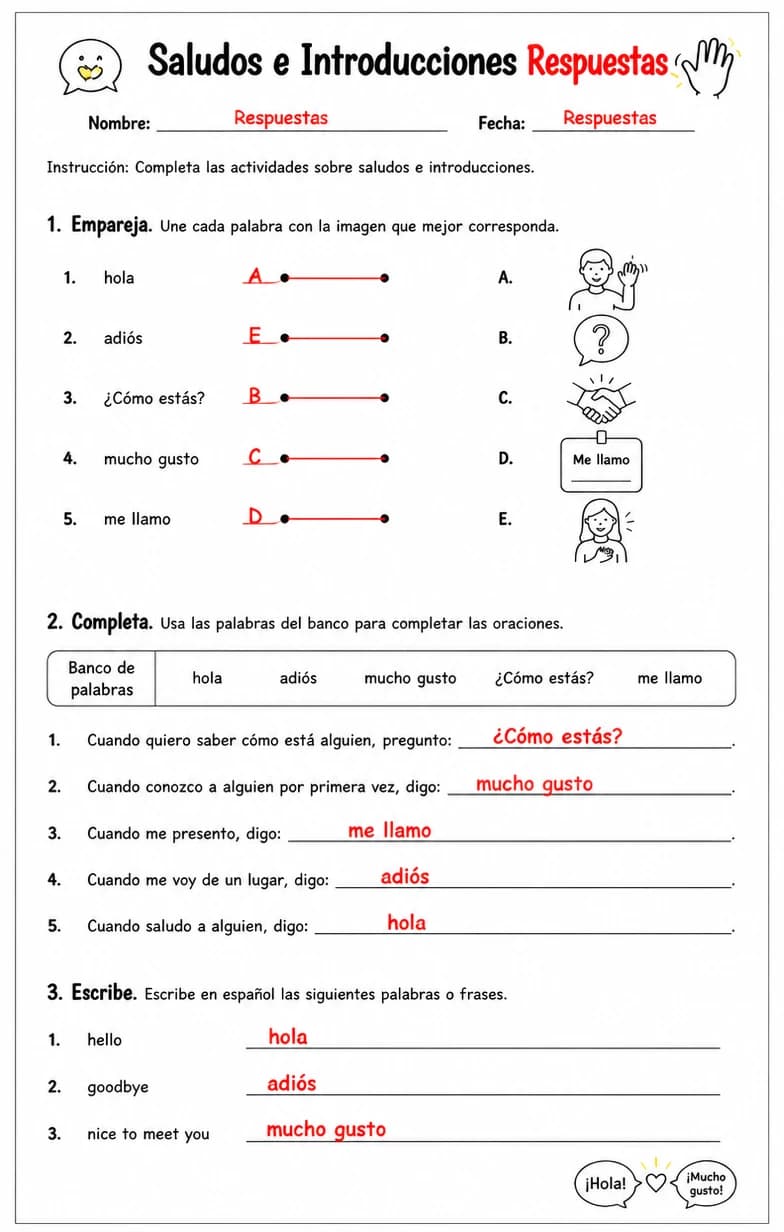 Answer key for Saludar a las personas, despedirse, presentarse y preguntar cómo está alguien. — free printable Spanish worksheet