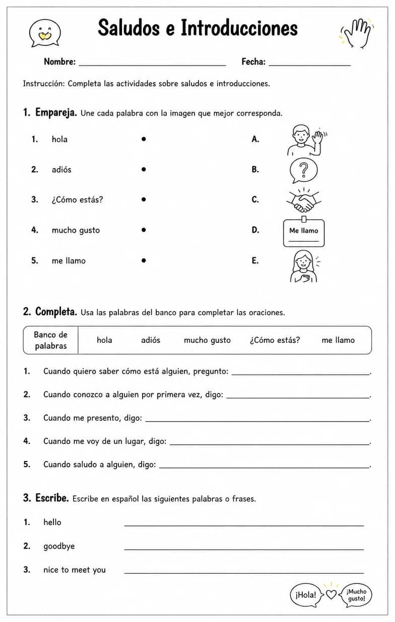 Saludar a las personas, despedirse, presentarse y preguntar cómo está alguien. — free printable Middle School Spanish worksheet
