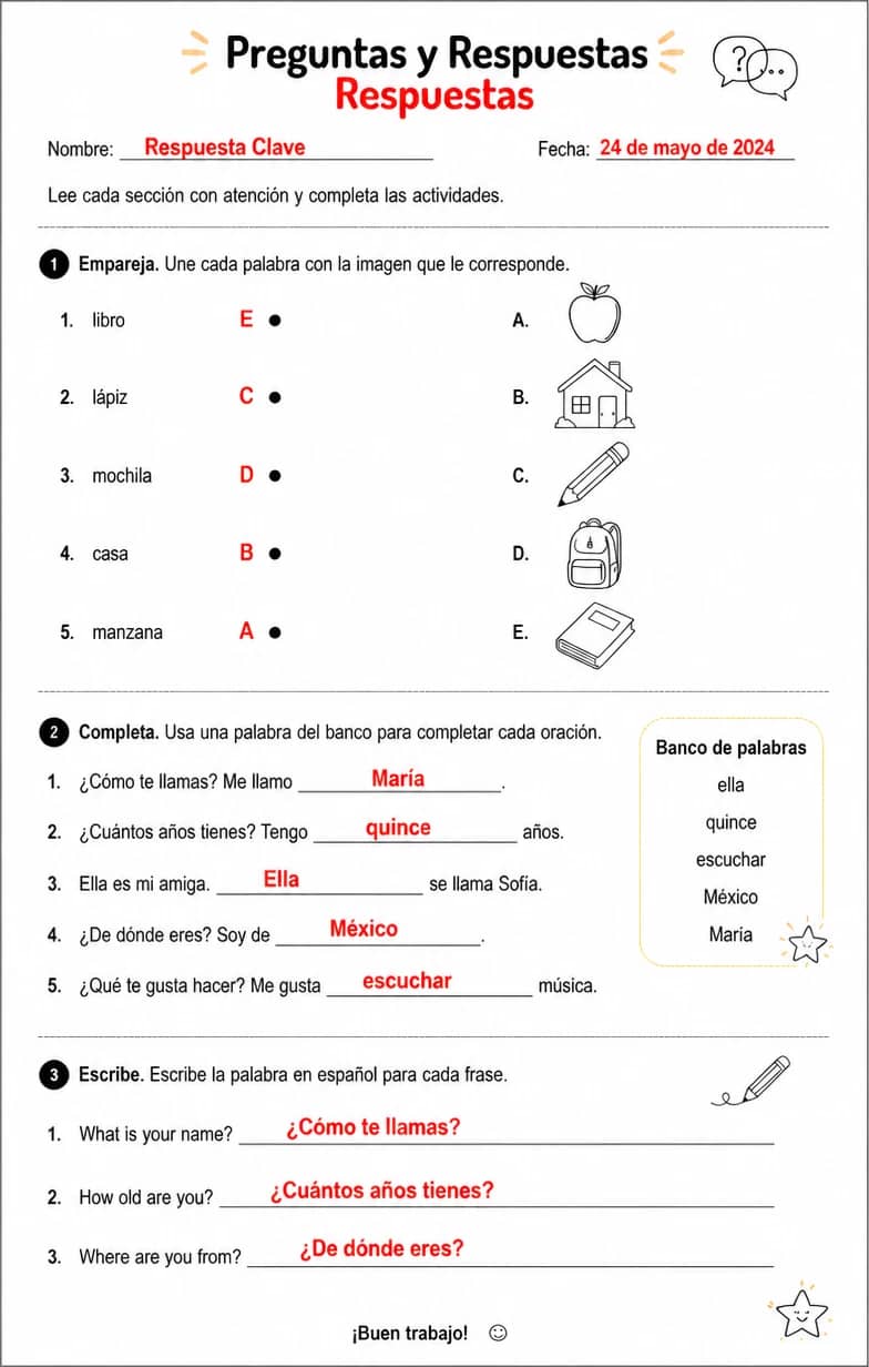 Answer key for Seleccionar respuestas apropiadas en intercambios cortos hablados o escritos. — free printable Spanish worksheet
