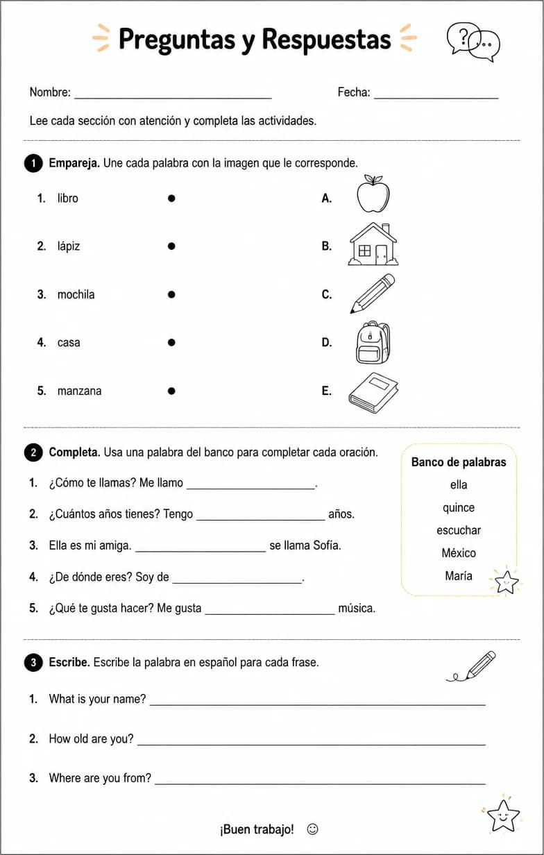 Seleccionar respuestas apropiadas en intercambios cortos hablados o escritos. — free printable Middle School Spanish worksheet