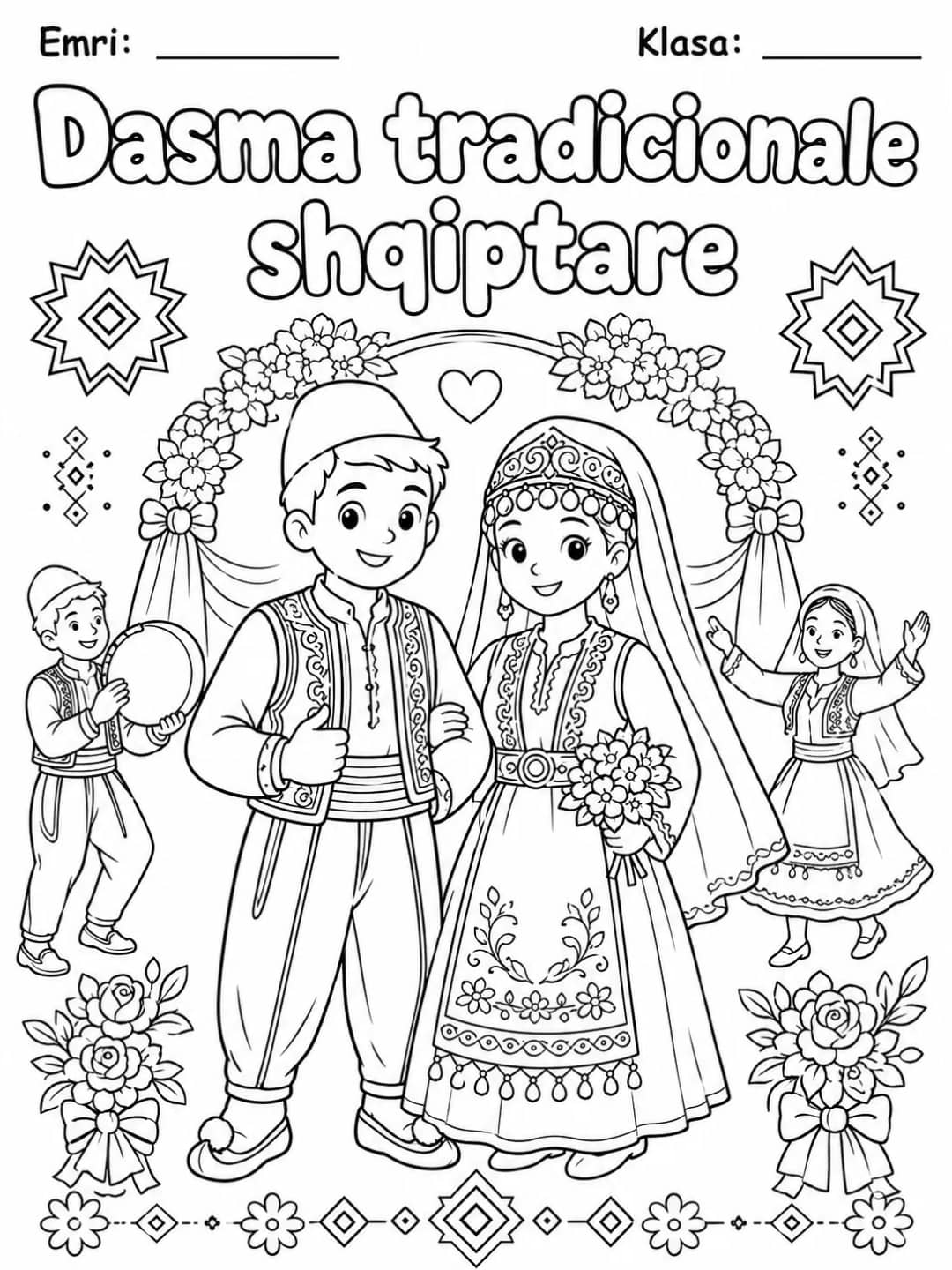 Dasma tradicionale shqiptare për ngjyrosje, me çift nusesh e dhëndri me veshje tradicionale, lule dhe valltarë, nga KiwiBee