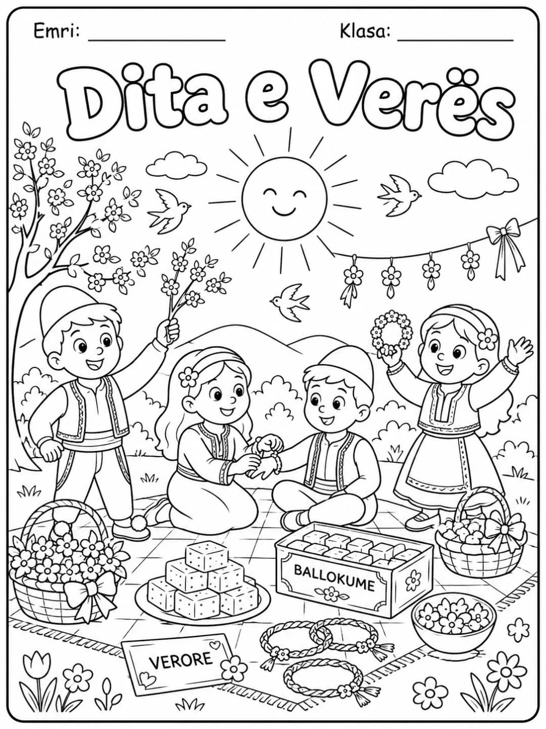 Dita e Verës për ngjyrosje, me piknik pranveror me fëmijë, lule, diell dhe ballokume, nga KiwiBee