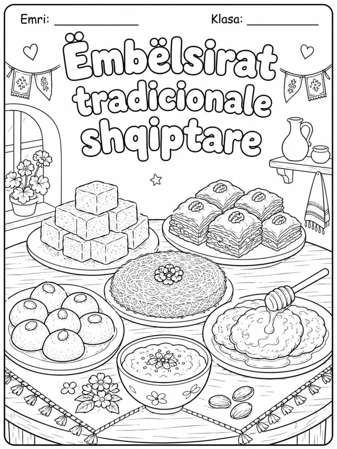 Ëmbëlsirat tradicionale shqiptare për ngjyrosje, me ëmbëlsira, fruta dhe gatime tradicionale të vendosura në tryezë, nga KiwiBee