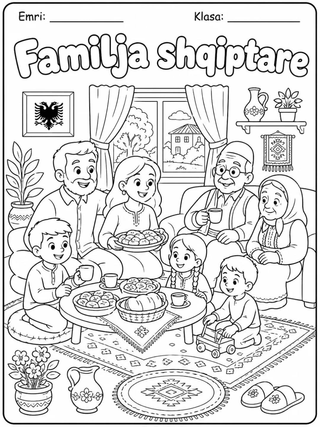 Familja shqiptare për ngjyrosje, me familje shumë brezash në dhomë tradicionale me qilim dhe dekorime, nga KiwiBee