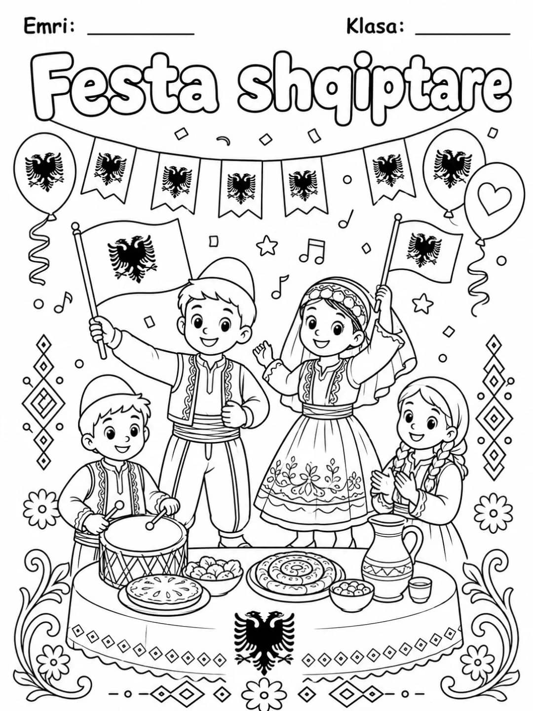 Festa shqiptare për ngjyrosje, me tryezë festive, flamuj, fëmijë dhe dekorime kombëtare, nga KiwiBee