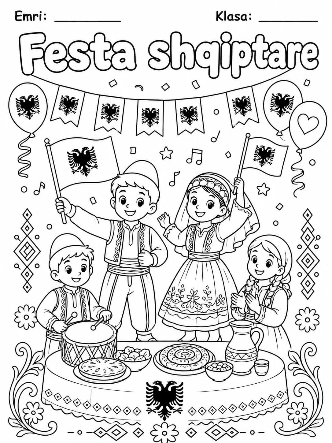 Festa shqiptare për ngjyrosje, me tryezë festive, flamuj, fëmijë dhe dekorime kombëtare, nga KiwiBee