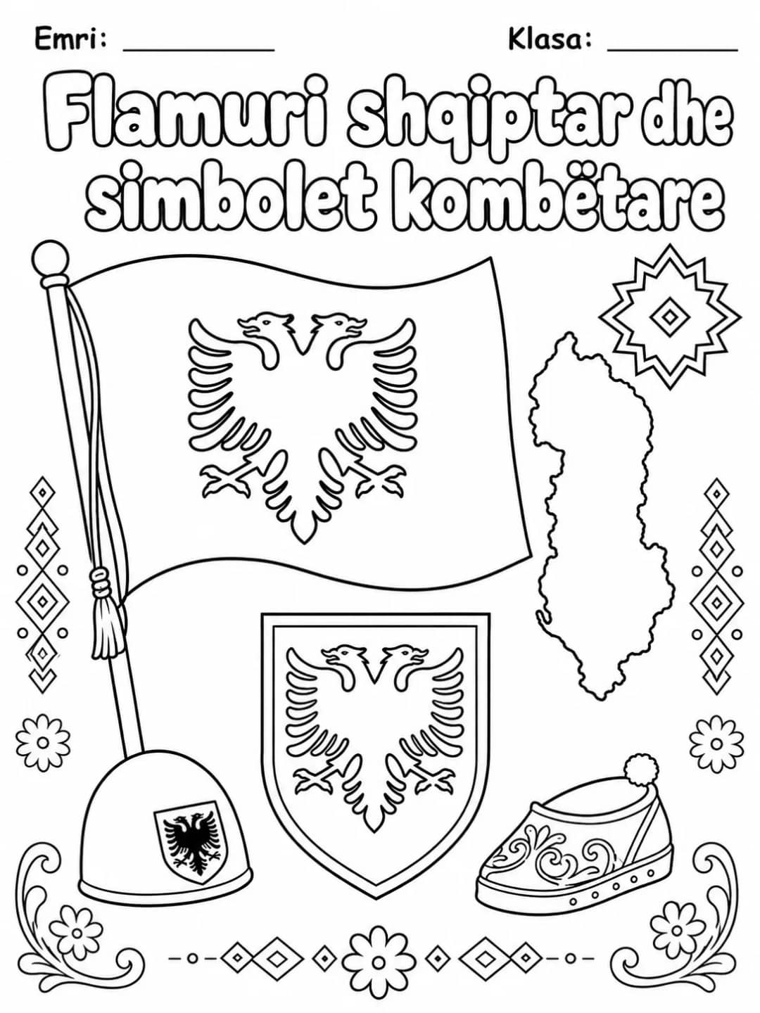 Flamuri shqiptar dhe simbolet kombëtare për ngjyrosje, me flamur, hartë, stemë dhe simbole kombëtare shqiptare për ngjyrosje, nga KiwiBee