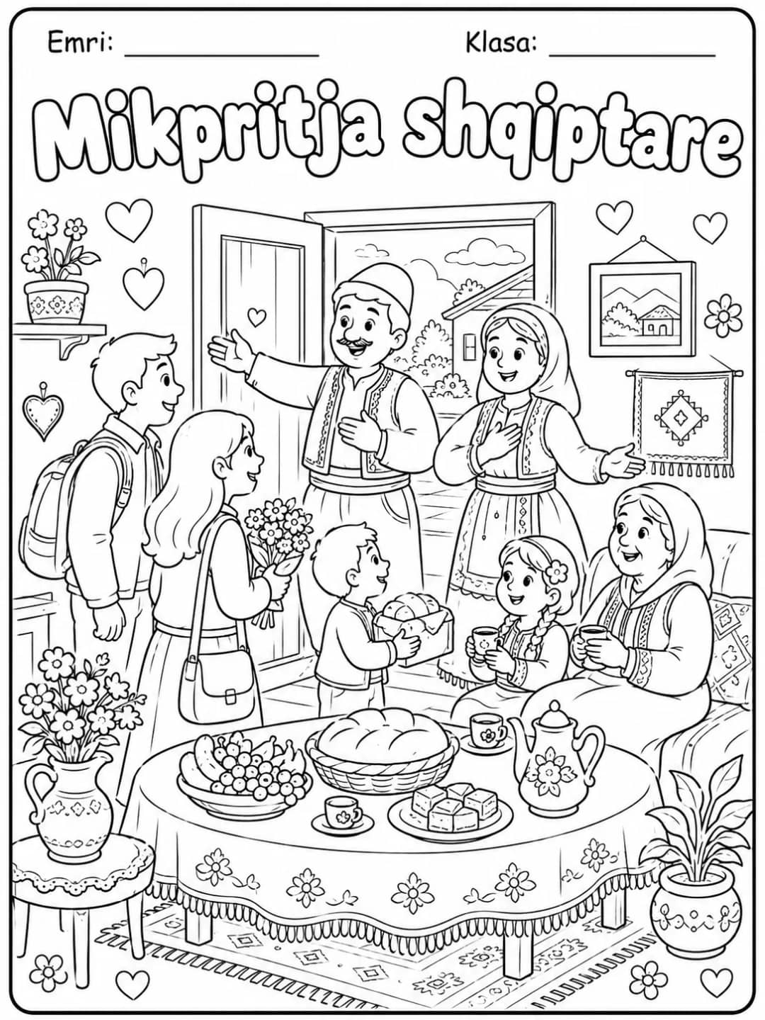 Mikpritja shqiptare për ngjyrosje, me familje që mirëpret miq rreth një tryeze me ushqime tradicionale, nga KiwiBee