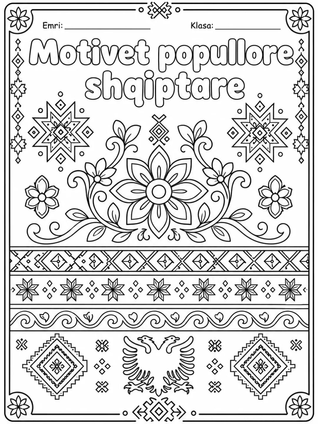 Motivet popullore shqiptare për ngjyrosje, me motive lulesh, forma gjeometrike dhe ornamente popullore shqiptare, nga KiwiBee