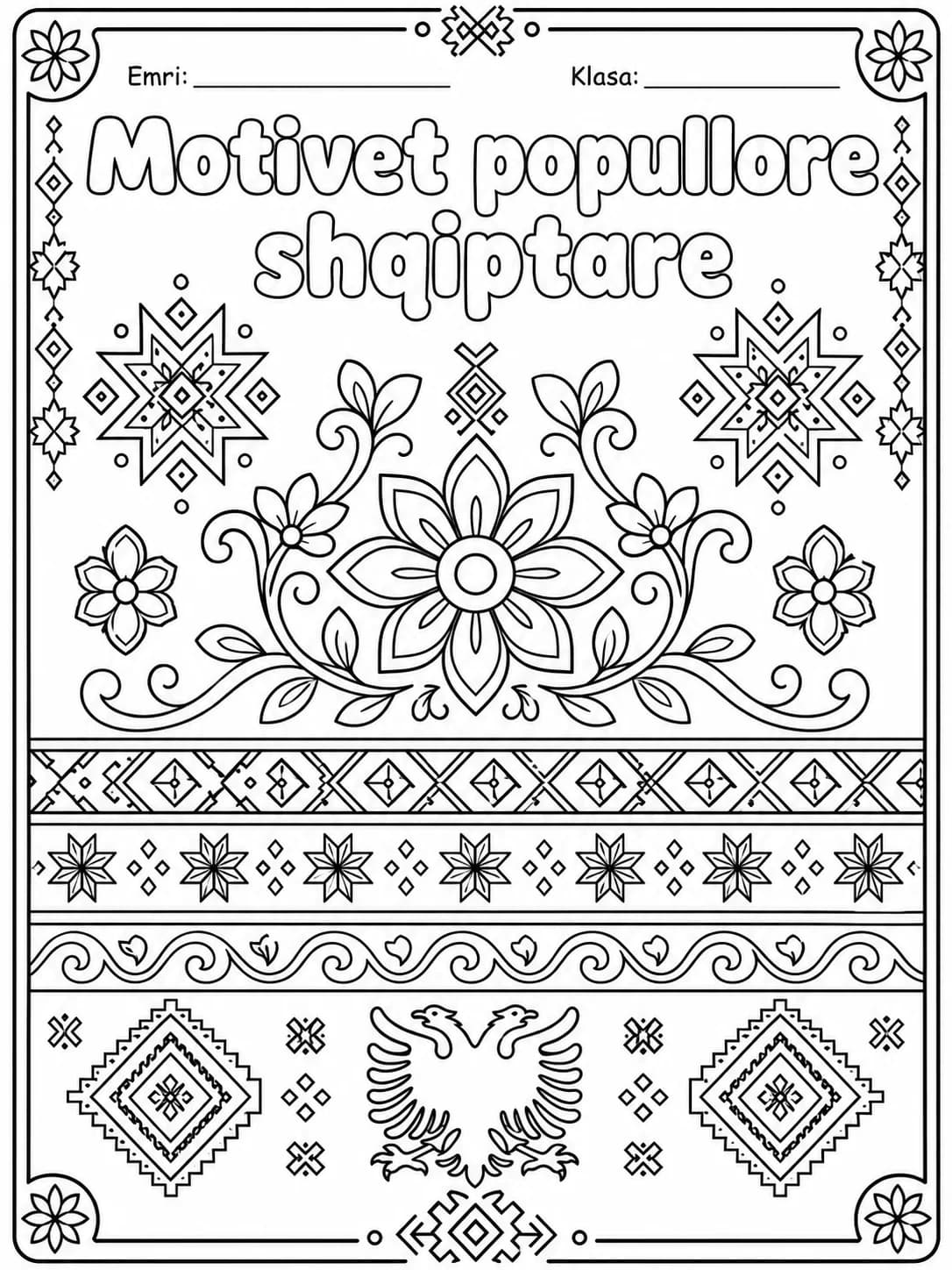 Motivet popullore shqiptare për ngjyrosje, me motive lulesh, forma gjeometrike dhe ornamente popullore shqiptare, nga KiwiBee
