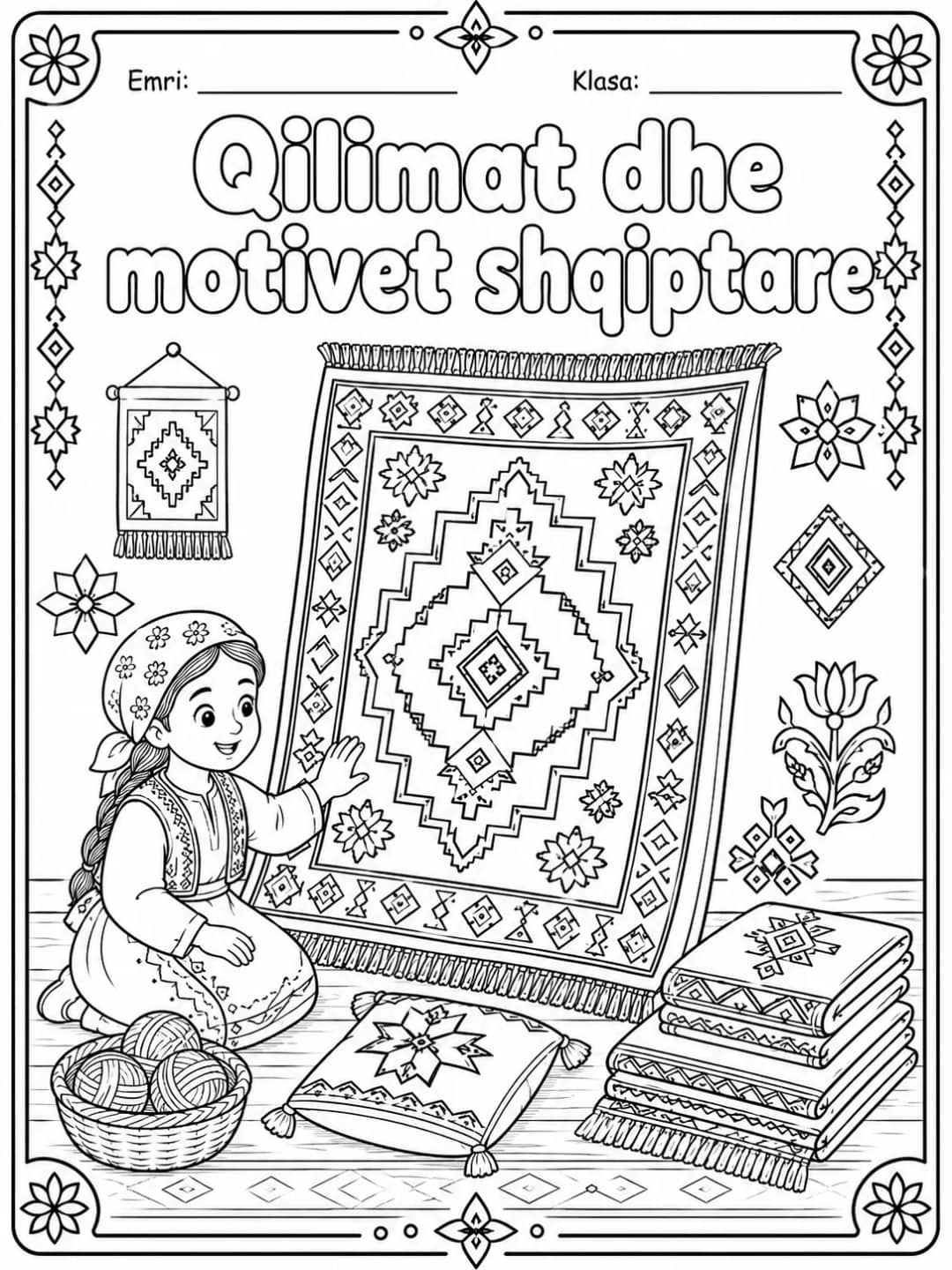 Qilimat dhe motivet shqiptare për ngjyrosje, me qilim me motive gjeometrike dhe sende tradicionale artizanale, nga KiwiBee