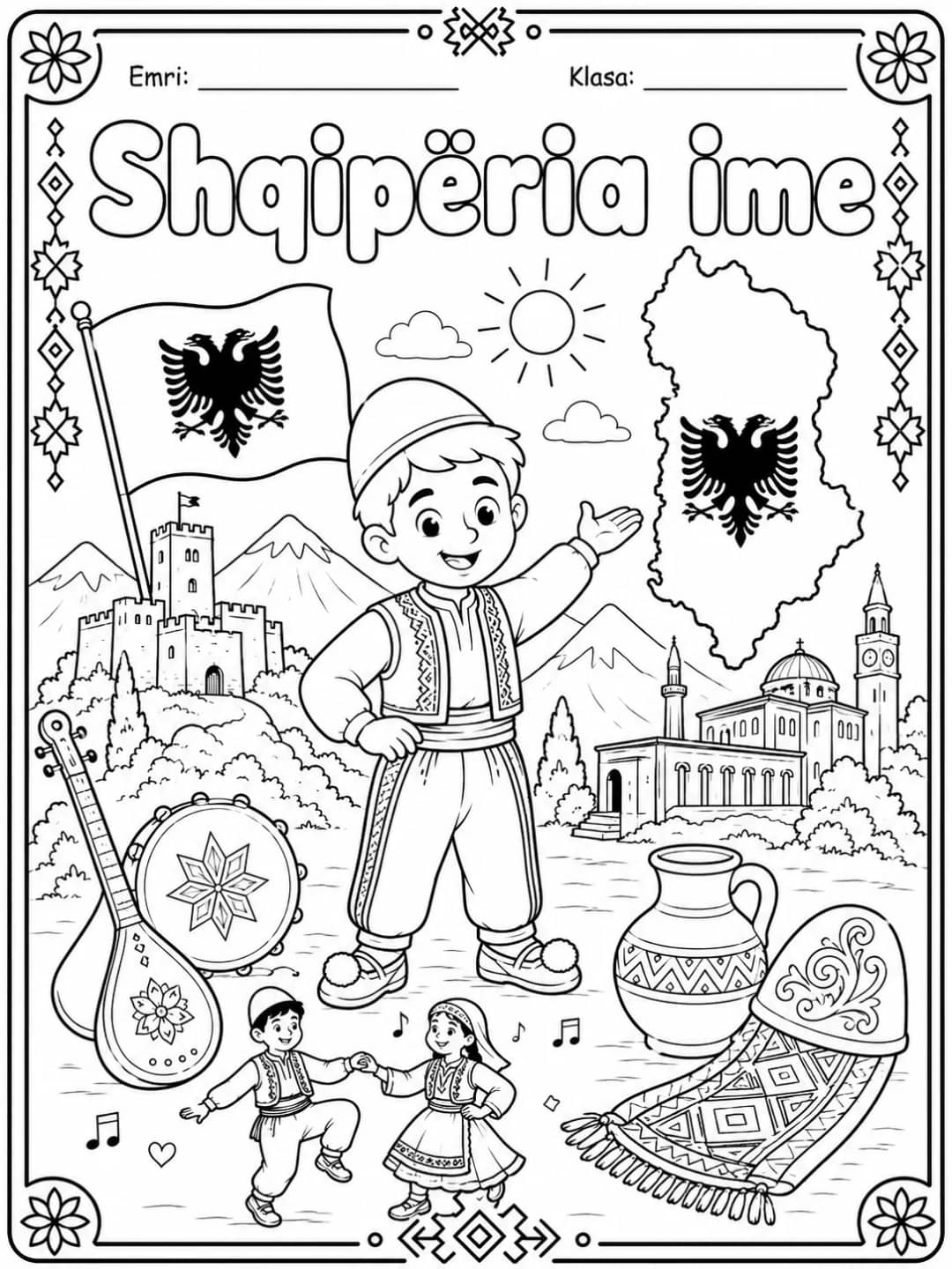 Shqipëria ime për ngjyrosje, me fëmijë me flamur, hartë, kala, male dhe objekte tradicionale shqiptare, nga KiwiBee