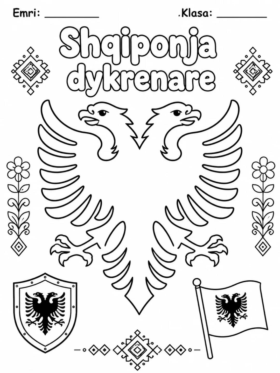 Shqiponja dykrenare për ngjyrosje, me shqiponjë dykrenare, stemë dhe flamur të vogël me motive shqiptare, nga KiwiBee
