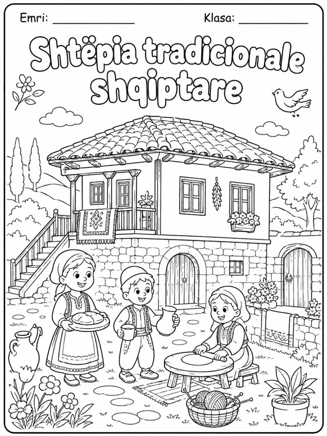 Shtëpia tradicionale shqiptare për ngjyrosje, me shtëpi tradicionale me çati me tjegulla, oborr dhe fëmijë përpara, nga KiwiBee