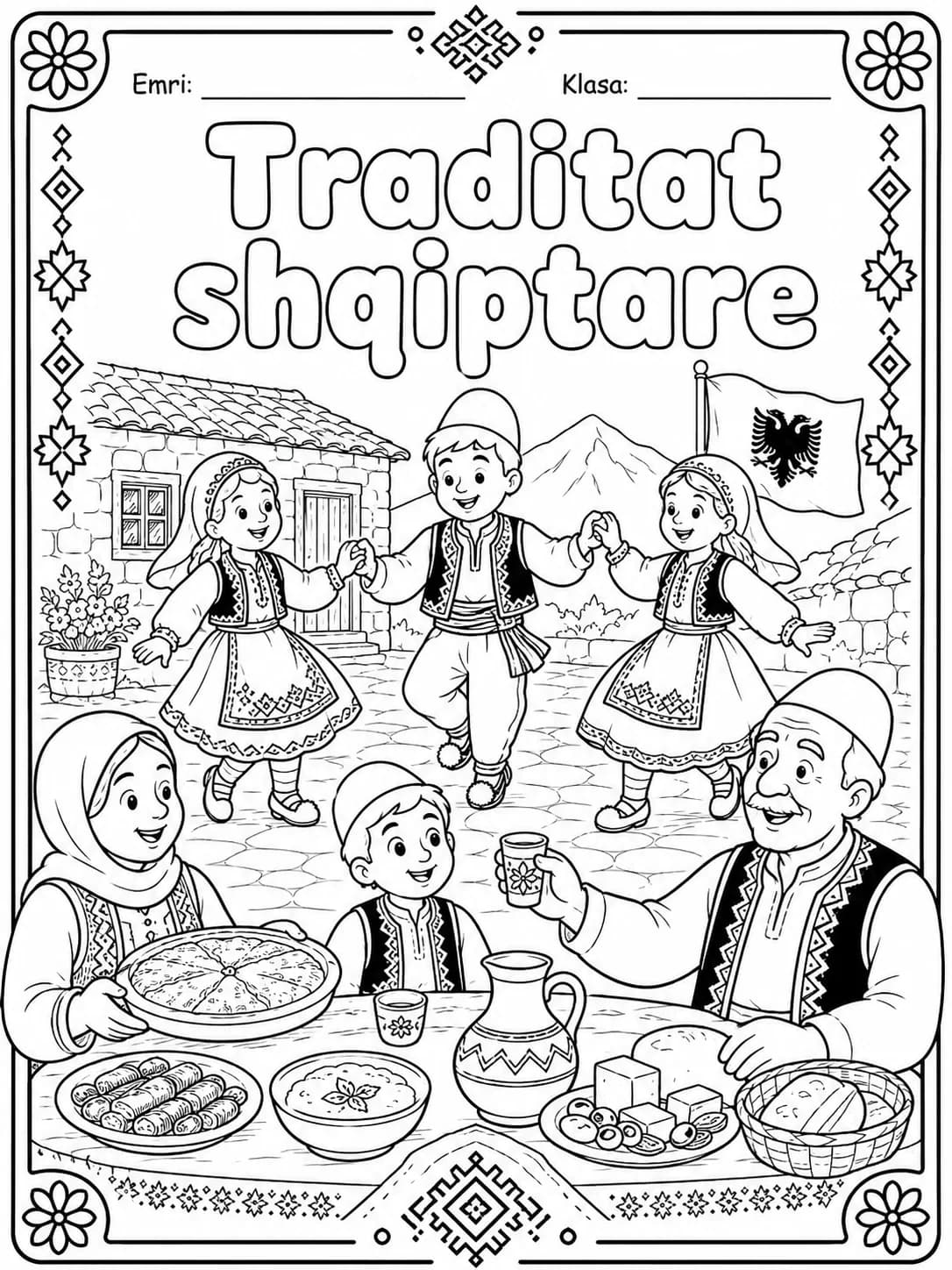 Traditat shqiptare për ngjyrosje, me valltarë, familje dhe tryezë tradicionale në një faqe përmbledhëse, nga KiwiBee