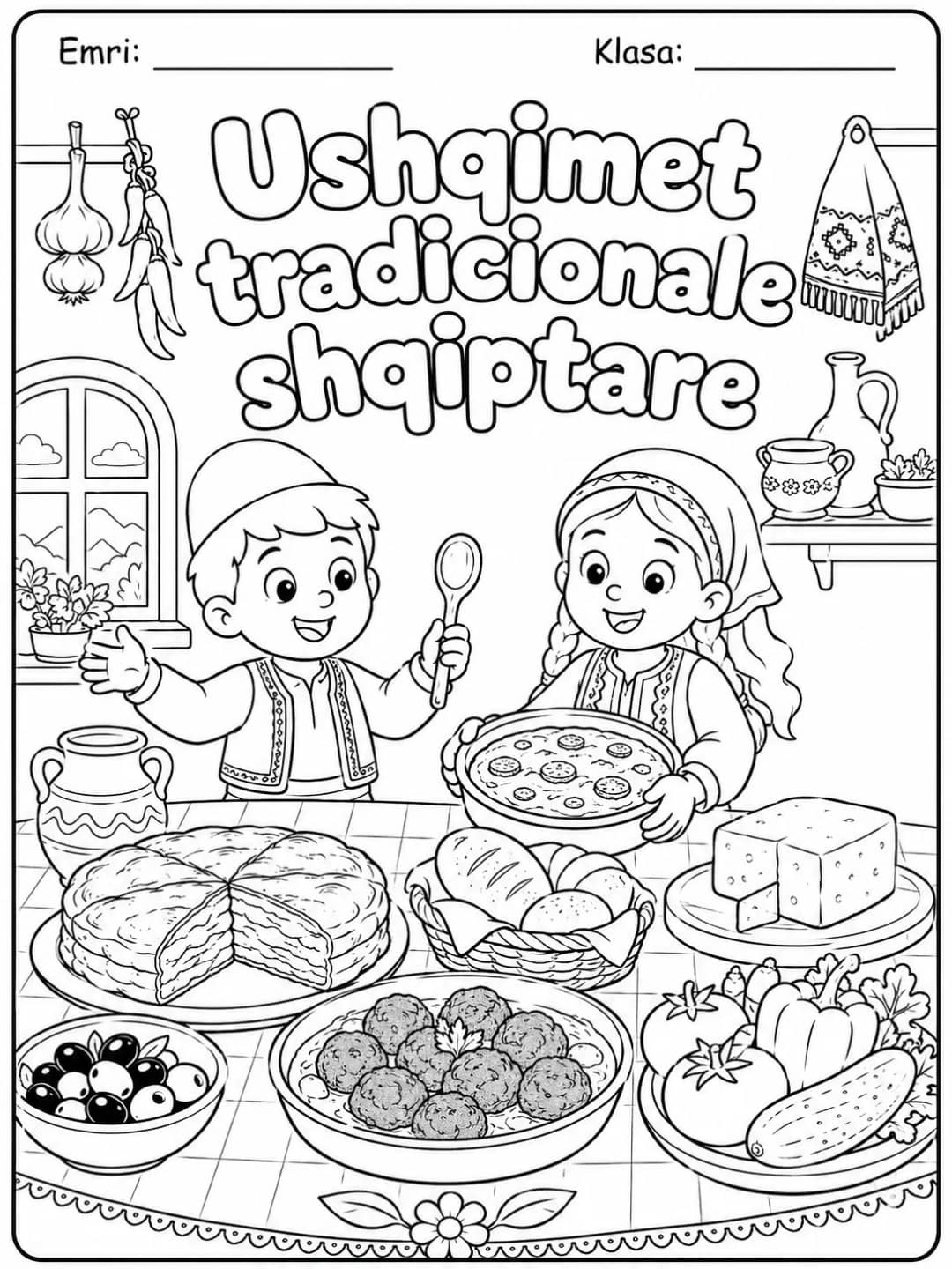 Ushqimet tradicionale shqiptare për ngjyrosje, me tavolinë me byrek, bukë, perime, fruta dhe gatime tradicionale, nga KiwiBee