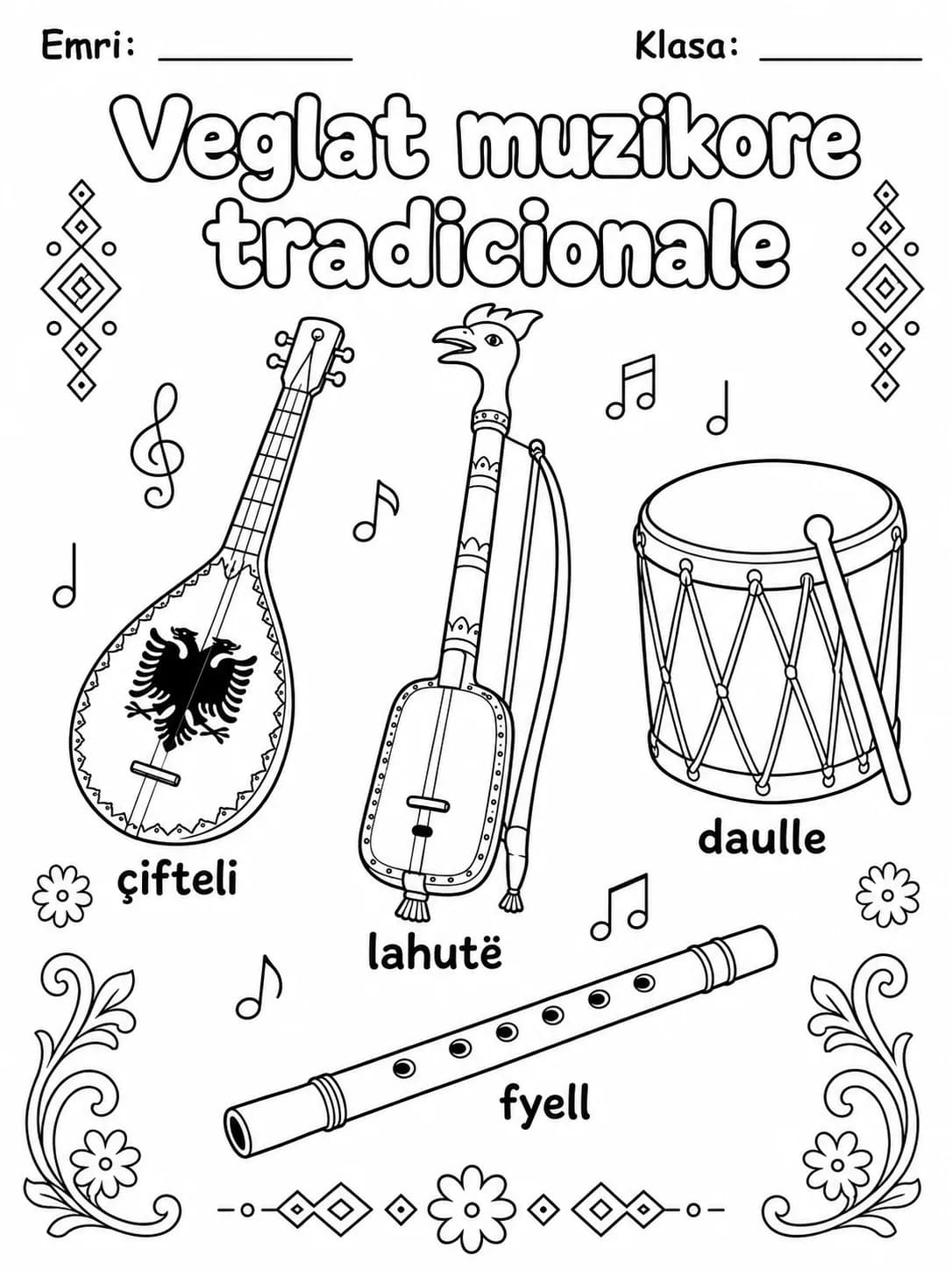 Veglat muzikore tradicionale për ngjyrosje, me çifteli, lahutë, daulle dhe fyell të paraqitura si vegla tradicionale, nga KiwiBee