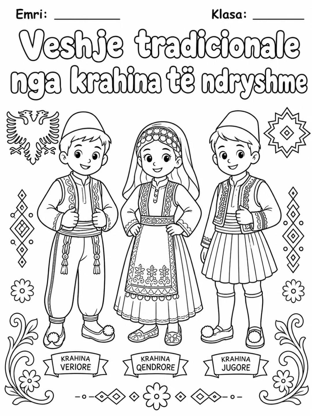 Veshje tradicionale nga krahinat e ndryshme për ngjyrosje, me veshje nga krahina të ndryshme shqiptare me etiketa krahinore dhe ornamente popullore, nga KiwiBee