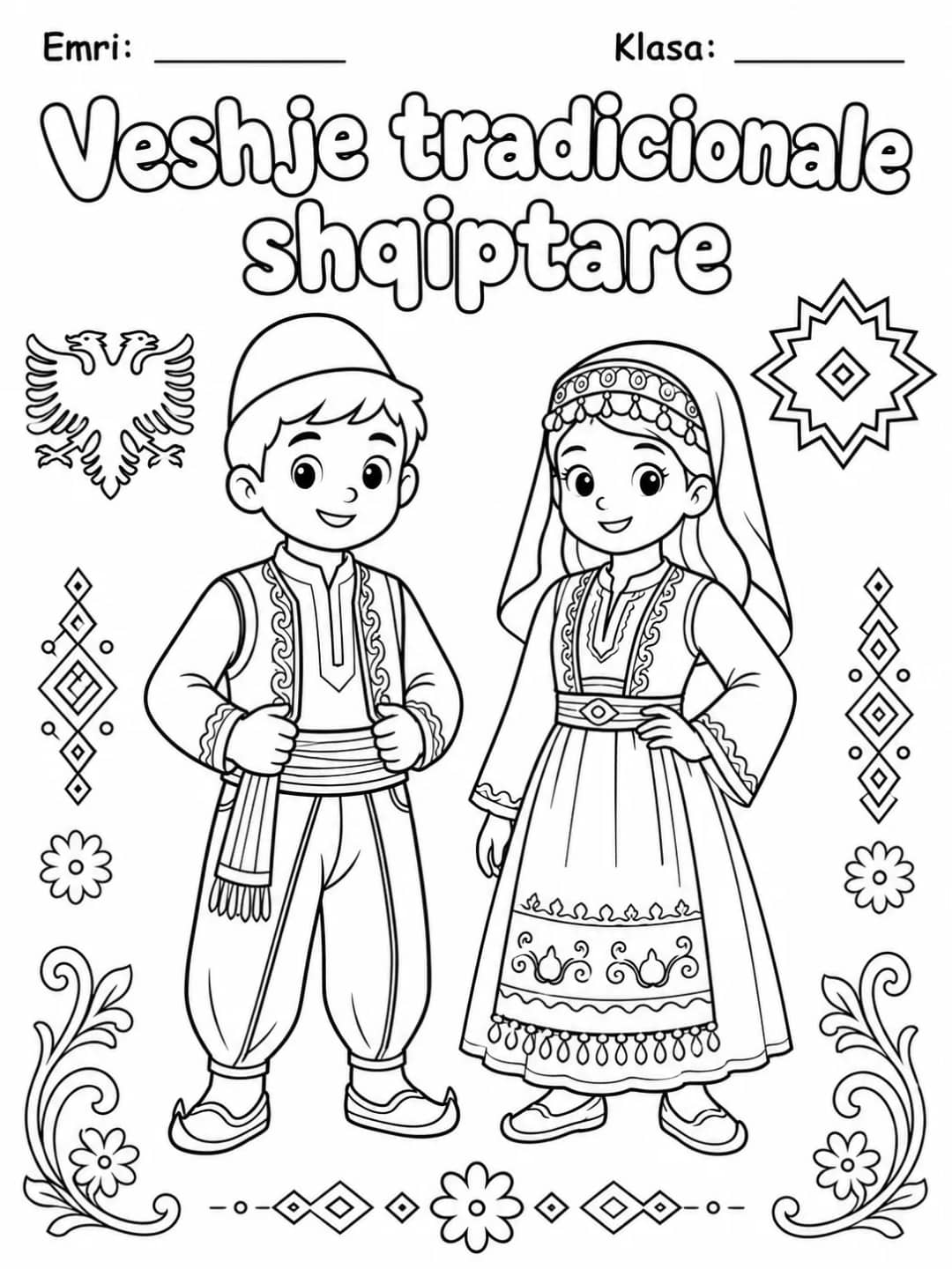 Veshje tradicionale shqiptare për ngjyrosje, me dy fëmijë me veshje popullore, shqiponjë dykrenare dhe motive dekorative shqiptare, nga KiwiBee