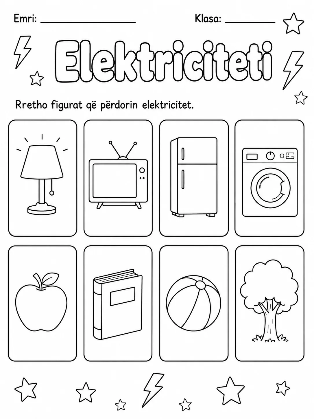 Elektriciteti - Pako fletësh pune - 10 faqe të shtypshme për dituri natyre nga KiwiBee