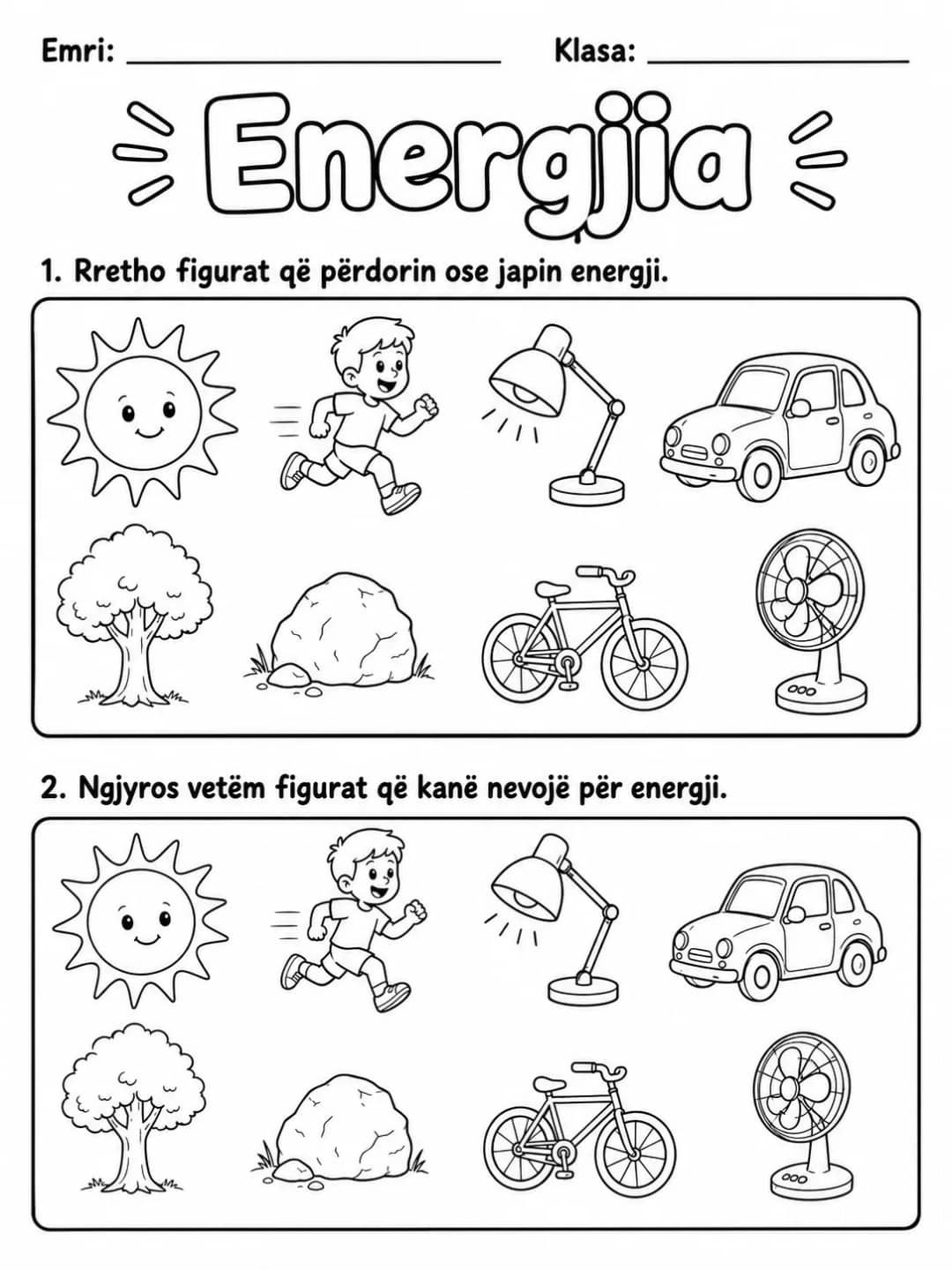 Energjia - Pako fletësh pune - 10 faqe të shtypshme për dituri natyre nga KiwiBee